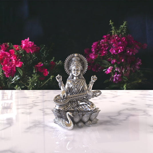 Saraswati Ji Idol – Sterling Silver 925 Hallmark, Embodiment of Knowledge