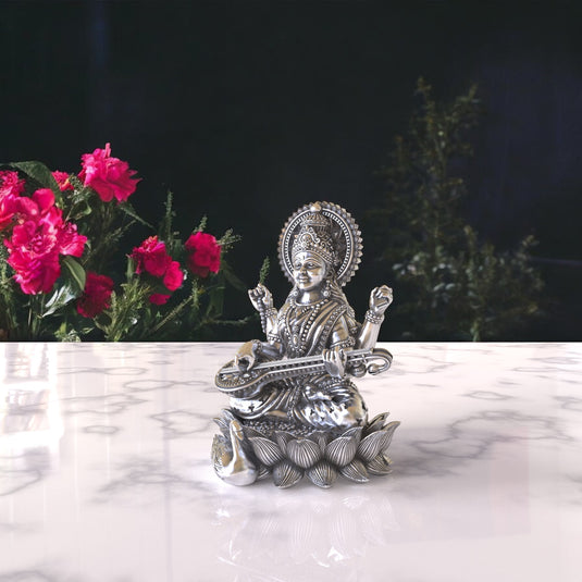 Saraswati Ji Idol – Sterling Silver 925 Hallmark, Embodiment of Knowledge